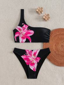 Swim Vcay Women's Summer New Arrival One-Shoulder Strap Low-Waisted Triangle Print Bikini Set - Black - View 3