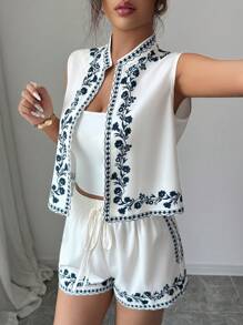 Elenzga Nuovo set estivo elegante composto da cardigan smanicato a fantasia a righe e fiori e pantaloncini in vita elastica, 2 pezzi casual comodi e di per resort