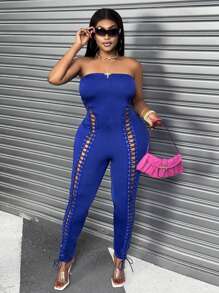 Maweii Plus Size Women Self-Tie Sexy Solid Color Strapless Fitted Jumpsuit - Blue - View 3