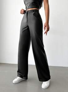 EURMUSE Solid Zipper Fly Wide Leg Pants - Black - View 4