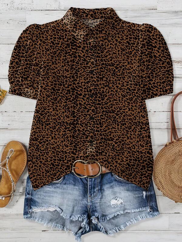 EMERY ROSE 1 pieza Camisa suelta informal con cuello en V y estampado de leopardo para mujer de talla grande