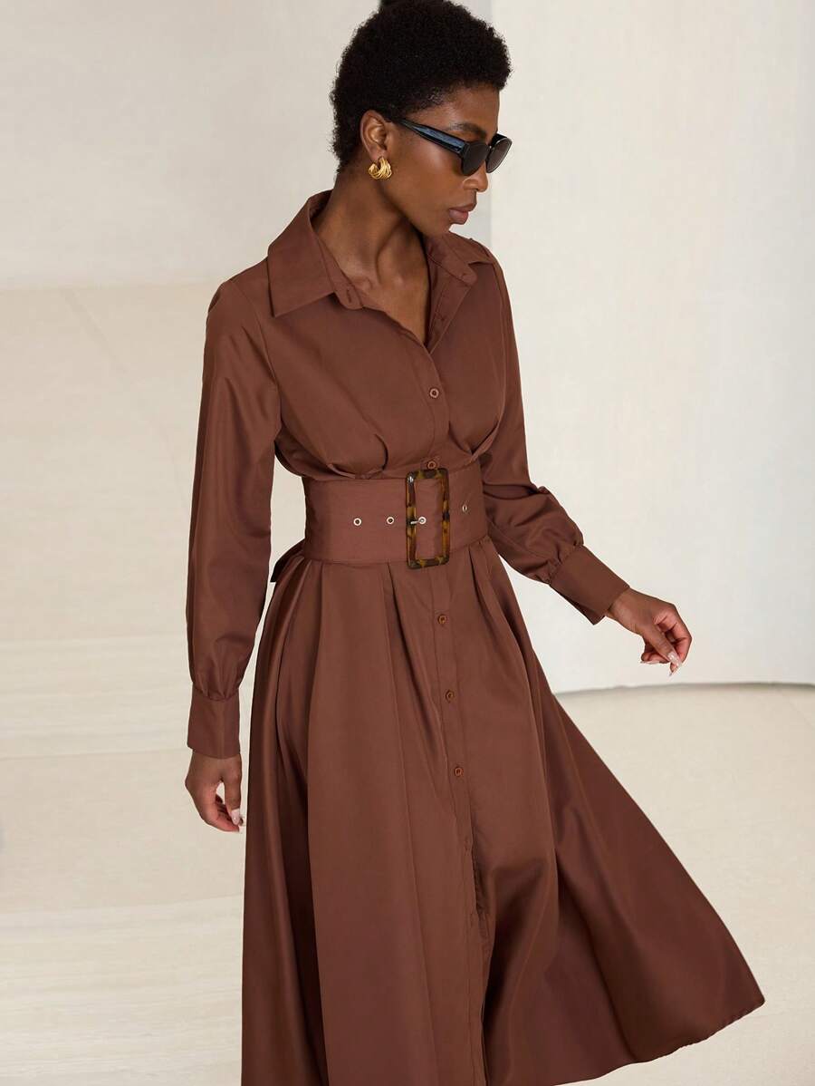 Aveloria Modichic 法式高腰修身夸张纽扣长袖超长衬衫裙女 - 咖啡棕 - 查看 1