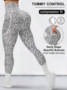 SHEIN Sport Studio Pantalones de yoga con estampado de leopardo y cintura alta con bolsillos, mallas compresión adelgazantes para fitness al aire libre, a prueba de sentadillas, control de abdomen, elevación de glúteos, favorecedor