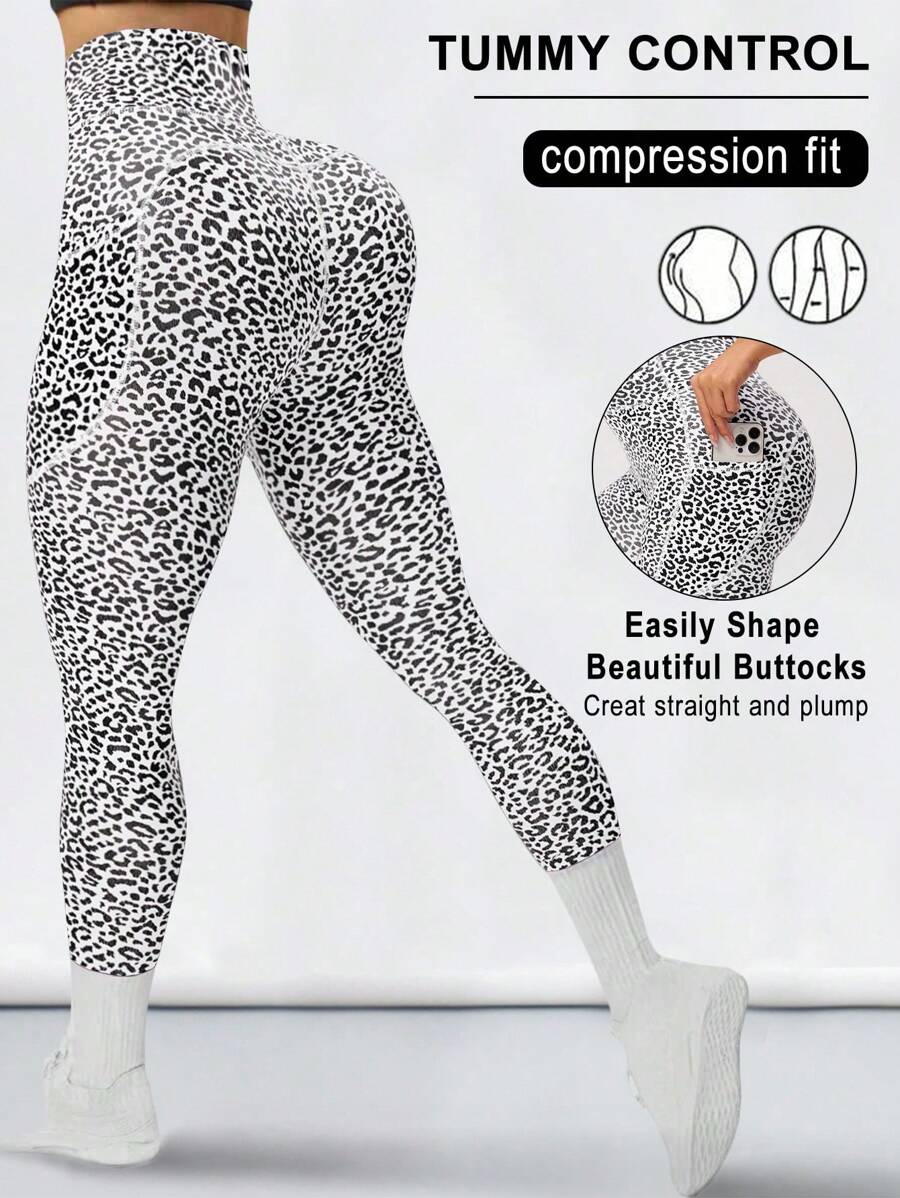SHEIN Sport Studio Pantalones de yoga con estampado de leopardo y cintura alta con bolsillos, mallas compresión adelgazantes para fitness al aire libre, a prueba de sentadillas, control de abdomen, elevación de glúteos, favorecedor