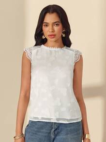 Almamuse Blusa elegante de cuello redondo con mangas cortas de encaje y textura jacquard para mujer - Blanco - Ver 5