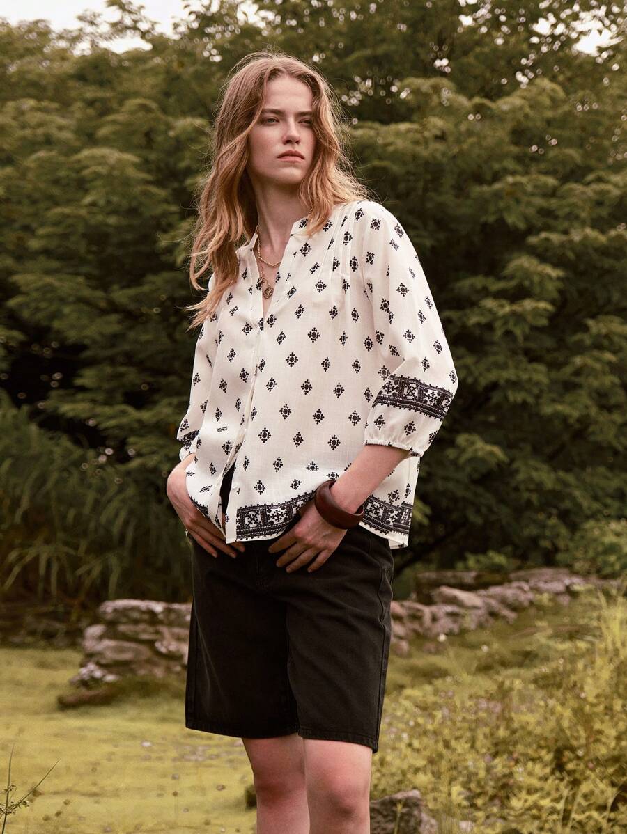 Lumivelle 女士法式泡泡袖V领纽扣前开休闲印花衬衫/夏季度假休闲衬衫 - 彩色 - 查看 1