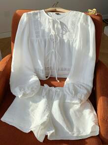 Comfortcana Conjunto casual de 2 piezas con camisa blanca de encaje tejido y pantalones cortos - Blanco - Ver 4