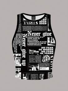 Slaydiva 复古报纸明信片，“永不放弃”印花，休闲简约圆领修身大码女式背心，适合夏季、街头服饰、Y2K - 彩色 - 查看 3