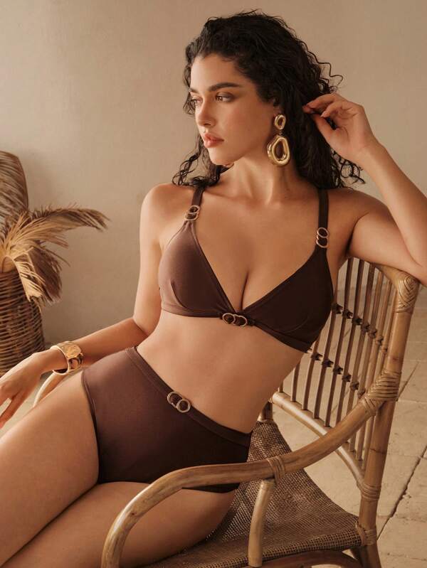 Anewsta Summer Swimsuit Set For Women, Navy Blue, Nylon Fabric, Woven, Underwire Bra, Adjustable Strap, Ruched, Holiday Beach Style