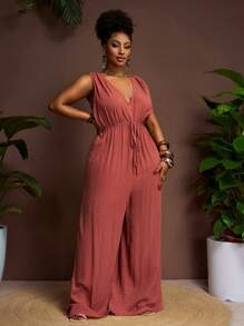 Veslaya 2025春夏新款大码女式无袖深V领系腰装饰绳阔腿裤，玫瑰色，编织纹理面料，休闲度假和日常穿着