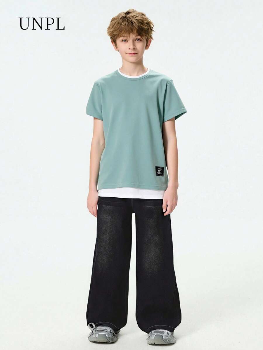 SHEIN Tween Boy Letter Splice Detail 2in1 Pullover T-Shirt, Suitable For School, Commute, Sports Wear - Green - View 1