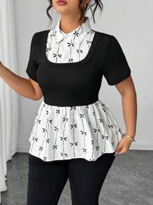 Elenzga 大码夏季休闲色块蝴蝶结印花衬衫