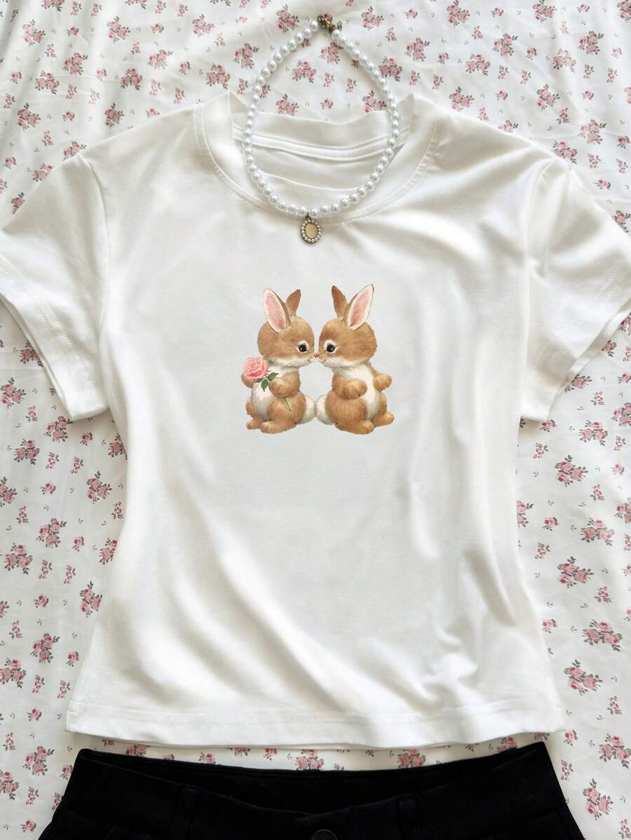 SHEIN EZwear Áo thun nữ cổ tròn tay ngắn in hình thỏ dễ thương - trắng - Xem 1