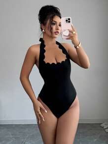 Gloray 性感度假黑色露背系带荷叶边修身女式连体泳衣
