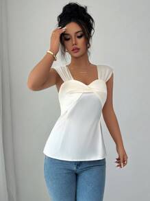 Elenzga Áo sơ mi không tay thắt nút xoắn màu trơn thanh lịch, mùa hè - Màu be - Xem 6