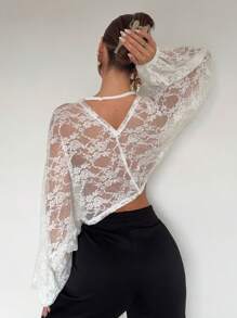 Siren Gaze Lace Top Lace Flower White See-Through Ribbon Blouse Top Women's Elegant Sexy Lace See-Through Blouse Summer White - White - View 3