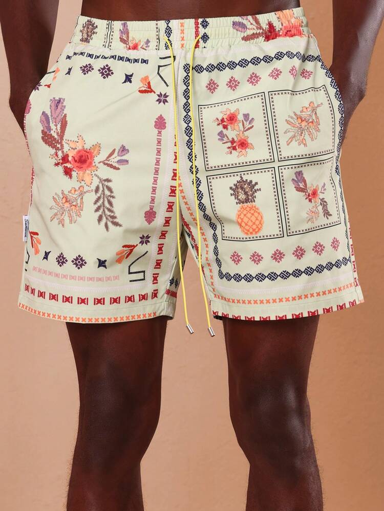 Floral Print Beach Swim Shorts Pull On Style With Pineapple Pattern