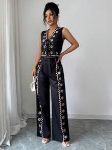 Elenzga 2 件套花卉印花吊带背心和裤子套装，优雅的夏季服装 - 黑色 - 查看 3