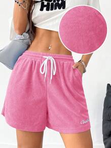 Coolane Women's Sport Flannelette Summer Embroidery Mini Sweater Shorts - Hot Pink - View 3
