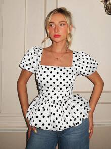 Glamine Spring & Summer Square Neck Bud Sleeves Classic Satin Polka Dot Gathered Sleeves Slim Fit Bud Hem Women's Short-Sleeved Blouses