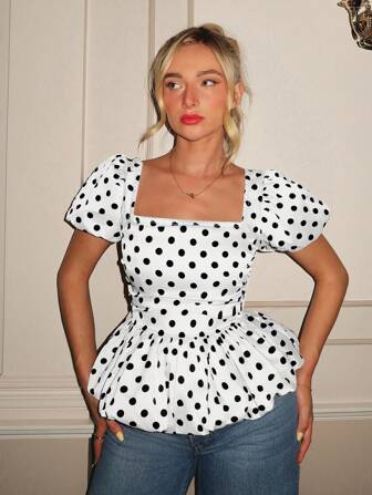 Glamine Blouses courtes à manches bouffantes pour femmes à encolure carrée, classiques, en satin à pois, coupe près du corps, pour le printemps et l'été