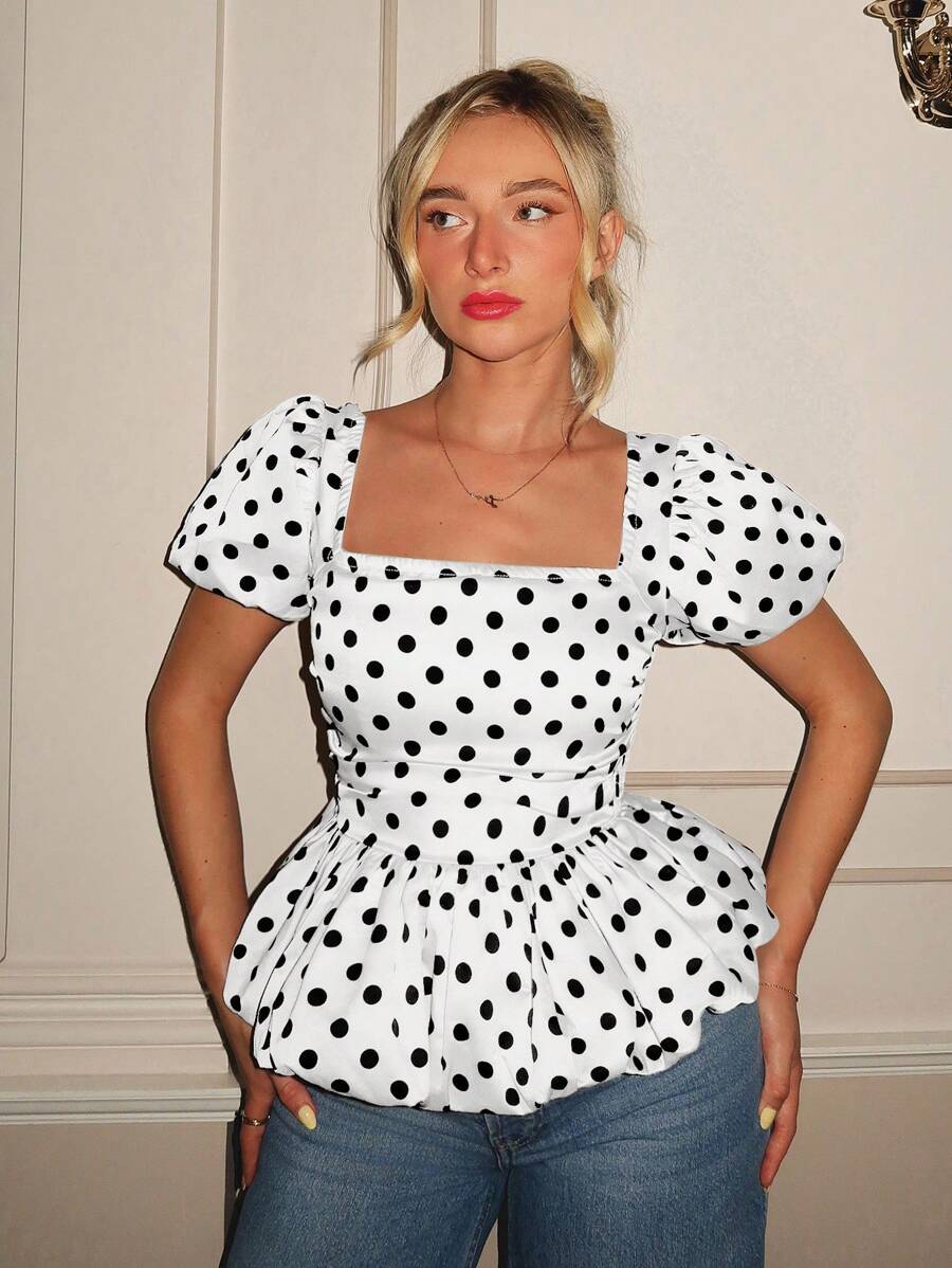 Glamine Spring & Summer Square Neck Bud Sleeves Classic Satin Polka Dot Gathered Sleeves Slim Fit Bud Hem Women's Short-Sleeved Blouses