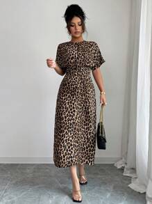 Elenzga Women's Round Neck Raglan Sleeve Waist Tie Cinched Waist Elegant Design Back To School Teacher's Day Thanksgiving Outfit Halloween Street Style Maxi Leopard Print Dress - Khaki - View 6