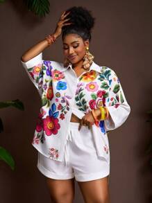 Veslaya Conjunto de 2 piezas de verano para mujer talla grande: blusa de manga dolman con cuello vuelto y estampado floral blanco, y pantalón corto de cintura elástica y pierna ancha. Conjunto de 2 piezas bordado para vacaciones con estampado floral - Blanco - Ver 4