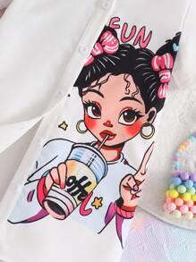 Young Girls Big Pattern Shirt Collar Short Sleeve Casual Dress, Suitable For Home, Leisure, Outdoor & Social Occasions, Spring & Summer Shirts For Kids Girls Cute Shirts For Girls Young Girl Summer Tops