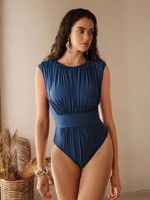 Anewsta 25SS Fashionable, Exquisite And Elegant Ruched Greek Style Cinched Waist Slim Midi Swimsuit For Summer Beach Vacation - Blue - View 5