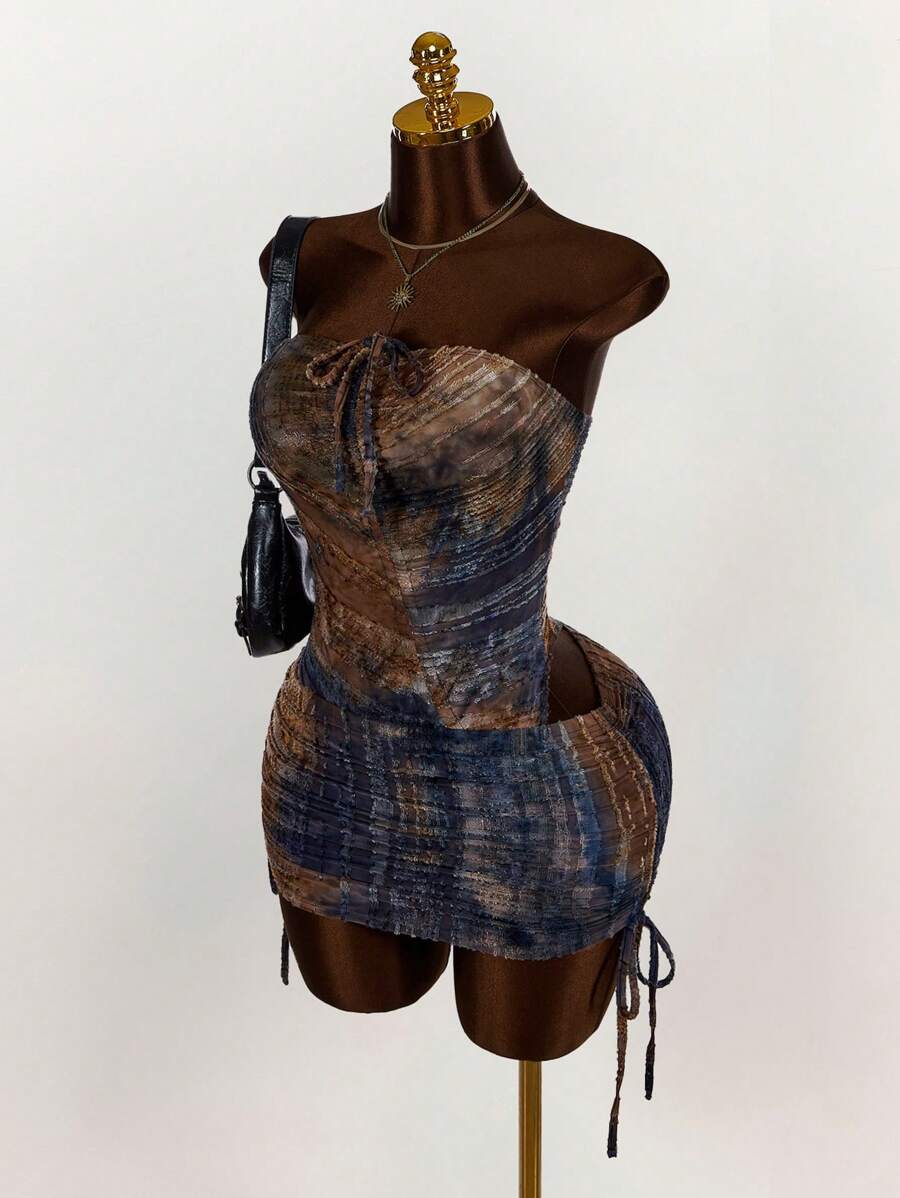 Amplova Bộ 2 món: Áo crop top hở lưng có dây rút và chân váy mini bó sát xếp nếp - Nhiều màu - Xem 1