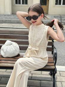 SHEIN Tween Girl Elenzga 珍珠串珠无袖束腰奶油黄色通勤叠领上衣阔腿连体裤，舒适连体裤，不对称无袖上衣连体裤，适合春夏秋冬季节，演唱会女童服装，优雅，晚礼服，适合日常通勤，婚礼季/音乐节 - 杏色 - 查看 4