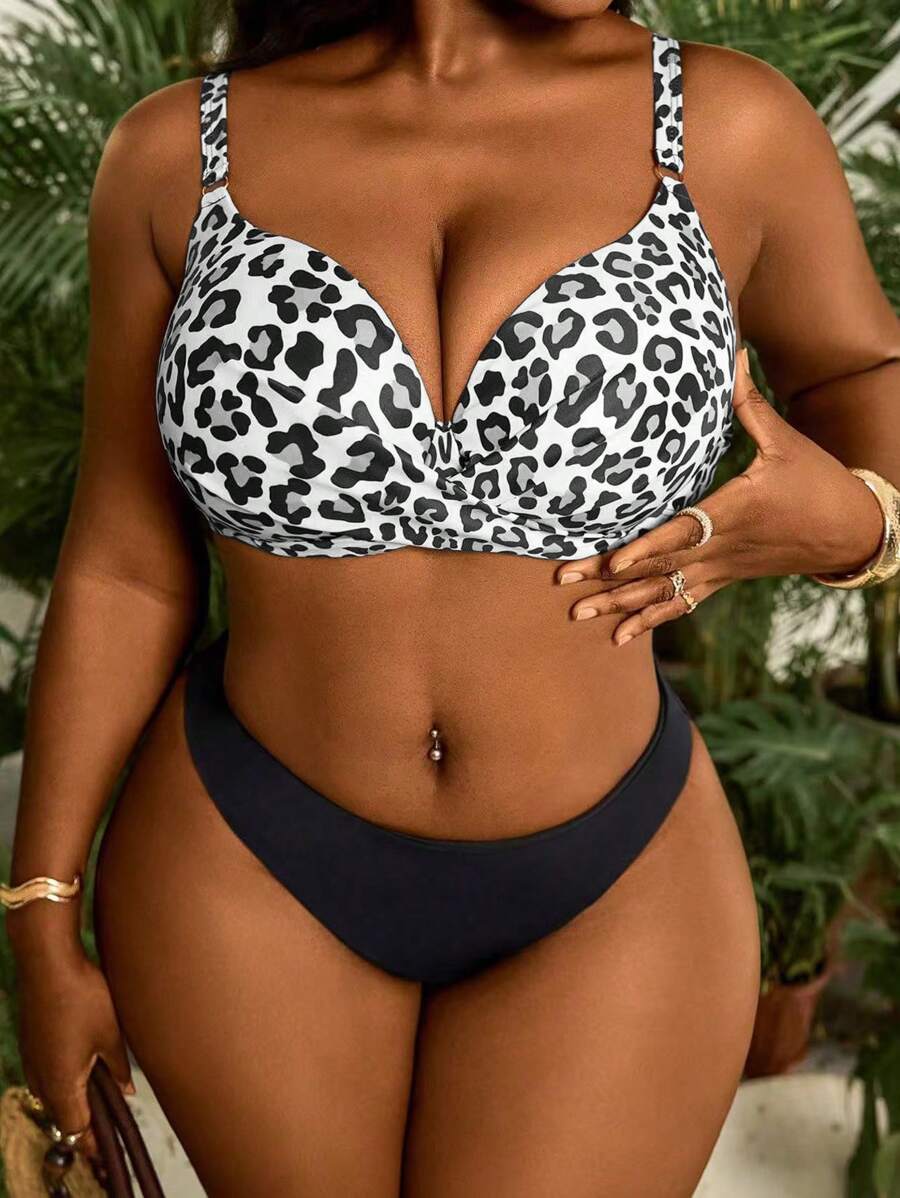 Slaydiva Top de bikini de talla grande para mujer con estampado de leopardo, copa modular y cruzado en la espalda, para playa de verano