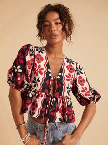 Travachic Women's Red Floral Print Ruffle Cap Sleeve Tie Front Blouse,Boho Summer Vacation Holiday Cute Tops,Casual Fall Shirts For Women - Red and Black - View 6