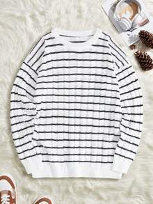 EURMUSE Men Casual Striped Pattern Crew Neck Regular Sweater - Black and White - View 1