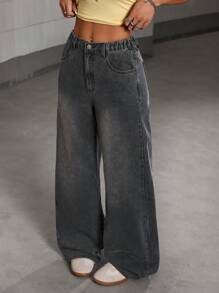 Sparklyn Quần jeans ống rộng đa năng thoải mái, phù hợp với mọi phong cách, màu đen và xám mới cho thanh thiếu niên/bé gái - màu đen - Xem 5