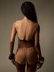 MISSGUIDED 系带短款套装西部节日沙漠装搭配流苏马甲波西米亚秋冬绒面革两件套 - 棕色 - 查看 2