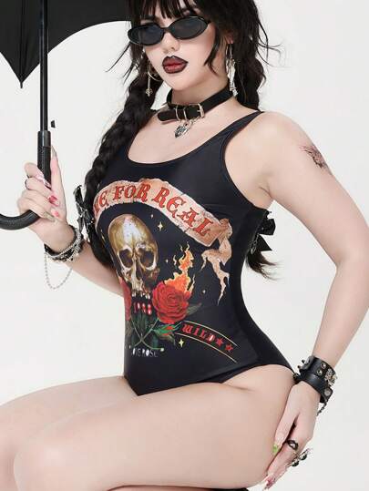 Goth Women's Vacation Beach Skull Print One-Piece Swimsuit, Halloween