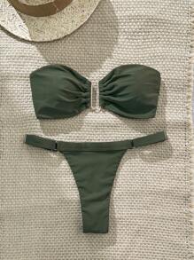 Swim Chiccia Springbreak Women Summer Solid Bustier Metal Decor Crop Top And Thong 2 Pieces Bikini Set, Minimalist Design - Green - View 1