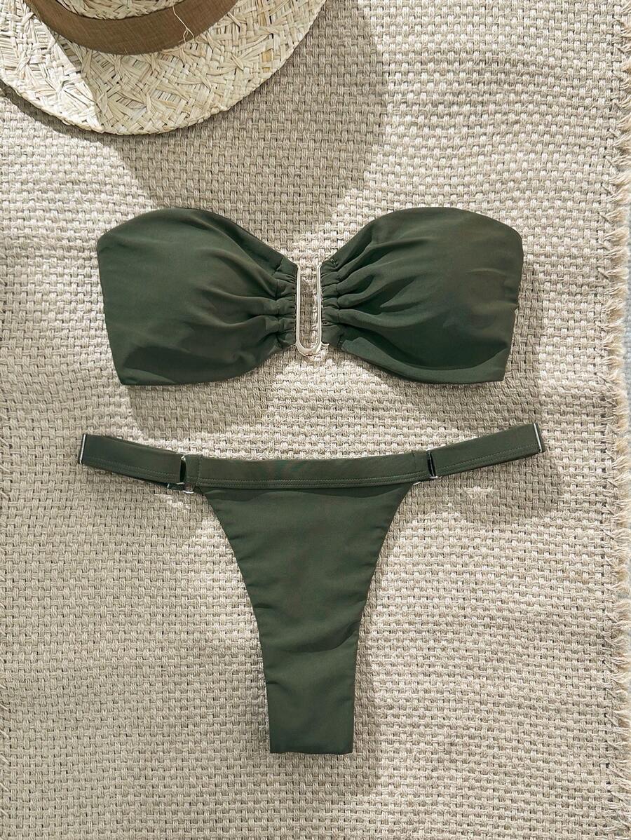 Swim Chiccia Springbreak Women Summer Solid Bustier Metal Decor Crop Top And Thong 2 Pieces Bikini Set, Minimalist Design - Green - View 1
