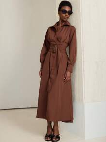 Aveloria Modichic 法式高腰修身夸张纽扣长袖超长衬衫裙女 - 咖啡棕 - 查看 5