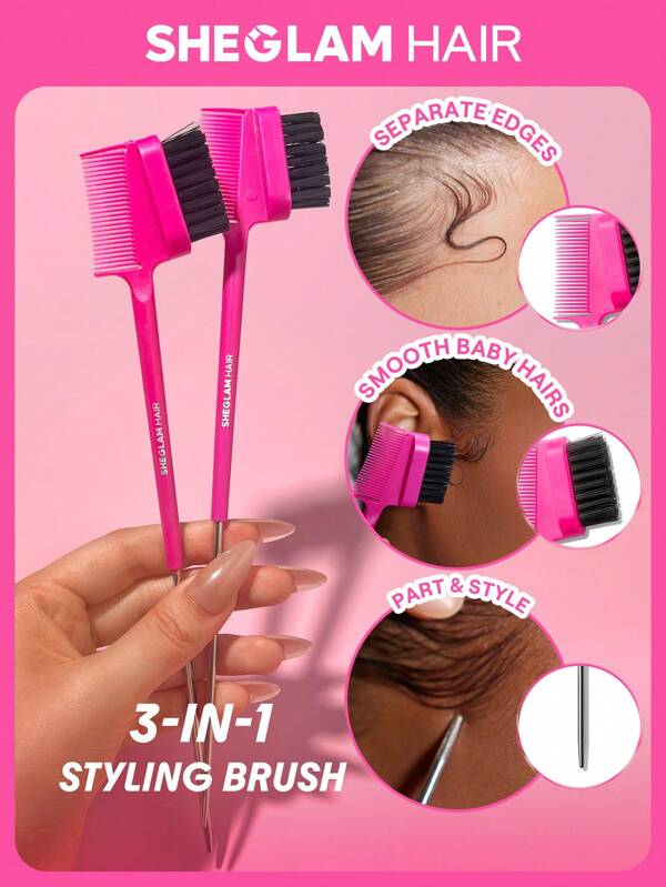 SHEGLAM HAIR Locked in Edge Bestie 3-In-1 Styling Tool,Hair Edge Brush With Tail Comb,Styling Brush,Smooth Baby Hairs,Part & Style,Multi-Use Styling Brush,Double Sided Control Hair Comb & Eyebrow Brushes,Lasting Hold For All-Day Wear,Versatile Styling For Every Vibe Styling Products Essentials Stuff For Women,Kids Makeup Beach Y2k Travel Camping School Cosplay