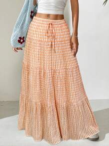 SHEIN EZwear 女式夏季休闲格子荷叶边下摆半身裙 - 橘色 - 查看 5