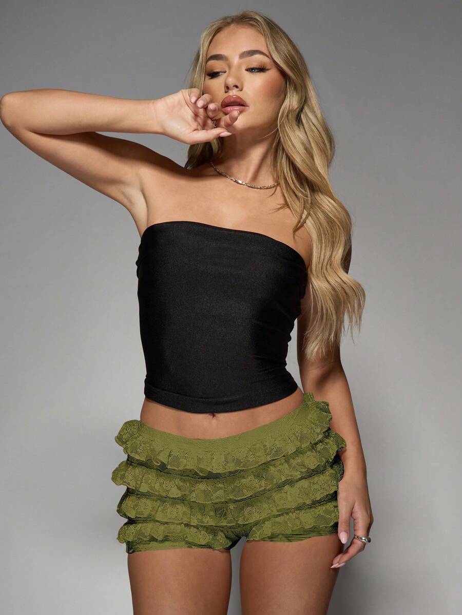 MISSGUIDED Quần short ren xếp tầng cạp cao mùa hè nhiều lớp mặc ở nhà dự tiệc đi chơi đi biển - Màu Khaki - Xem 1