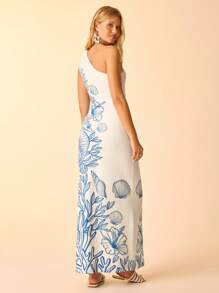 CAJUNI 女式波西米亚风热带蓝色海洋贝壳海马和珊瑚印花不对称领带腰部中长休闲度假连衣裙 - 藍白色 - 查看 2