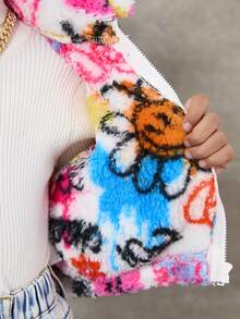 SHEIN Girl's Knitted Fluffy Letter & Graffiti Pattern Loose Hoodie Jacket,In Fall/Winter - Multicolor - View 8