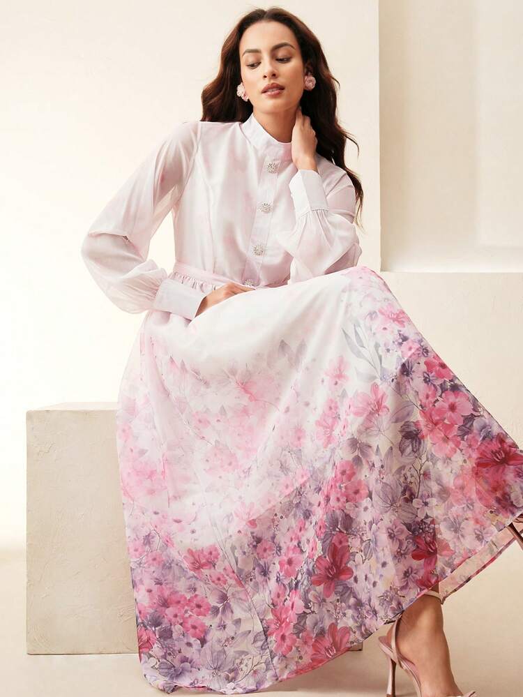 Anewsta Elaire Elegant Fashion High-End Quality Floral Print Stand Collar Dress For Women,Summer