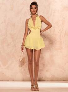SHEIN BAE 性感纯色低胸露背吊带迷你连衣裙，夏季 - 黃色 - 查看 3