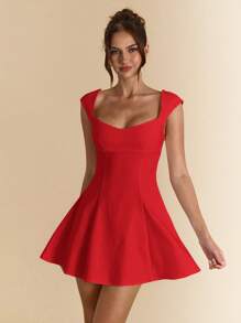 SHEIN BAE White Square Neck Open Back Flowy Dress For Women, Elegant Summer Dresses, Spring/Summer - Red - View 5