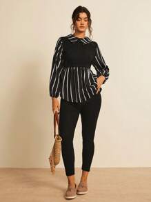 Freevana Plus Size 2pcs/Set Stylish Striped Button-Up Long Sleeve Top And Skinny Pants Suit,Holiday Outfits